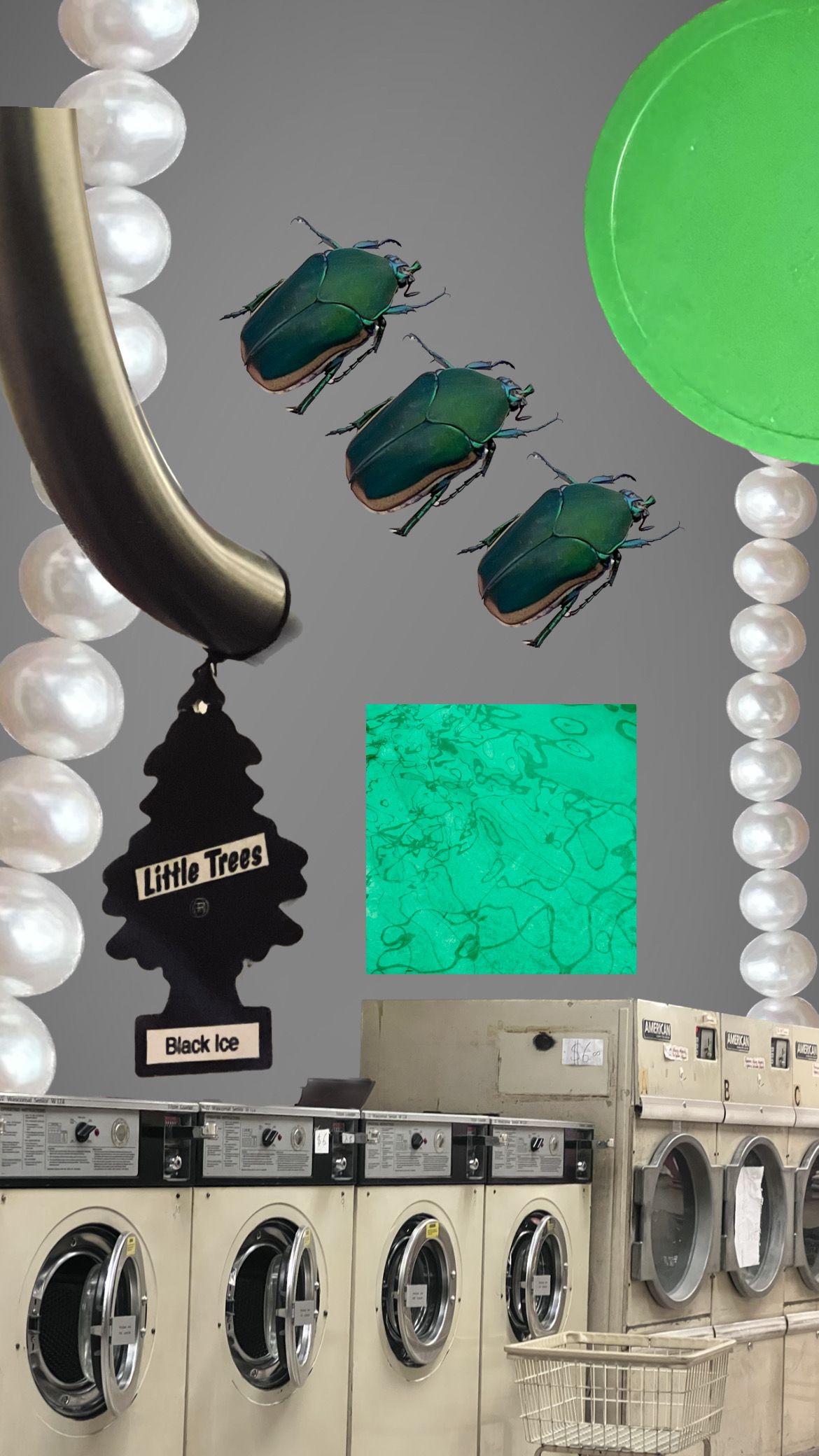 Digital collage: green beetles, pearls, air freshener and laundromat washers.