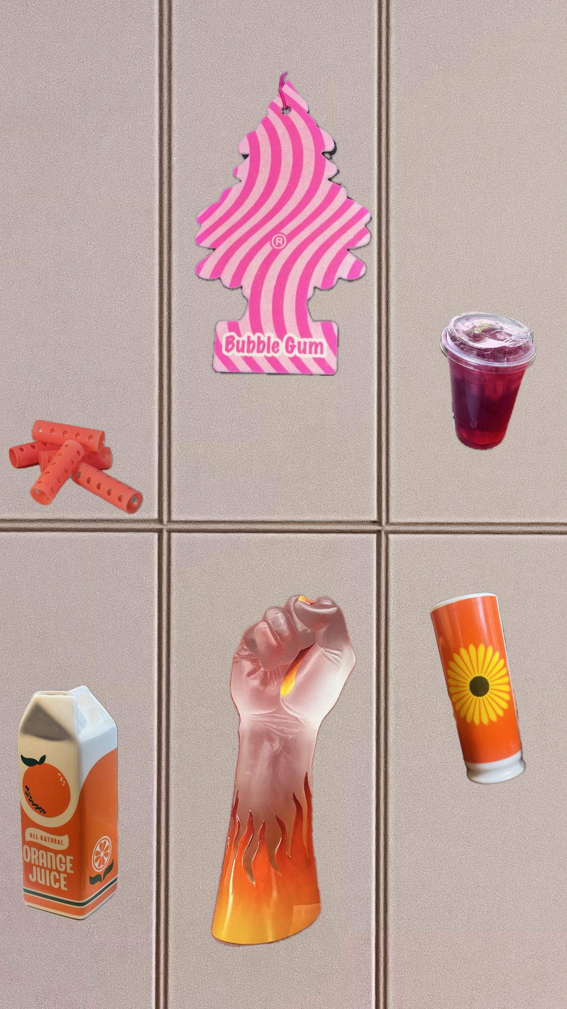 Digital collage: shelf grid with air freshener, drinks, juice carton and flame-painted fist.