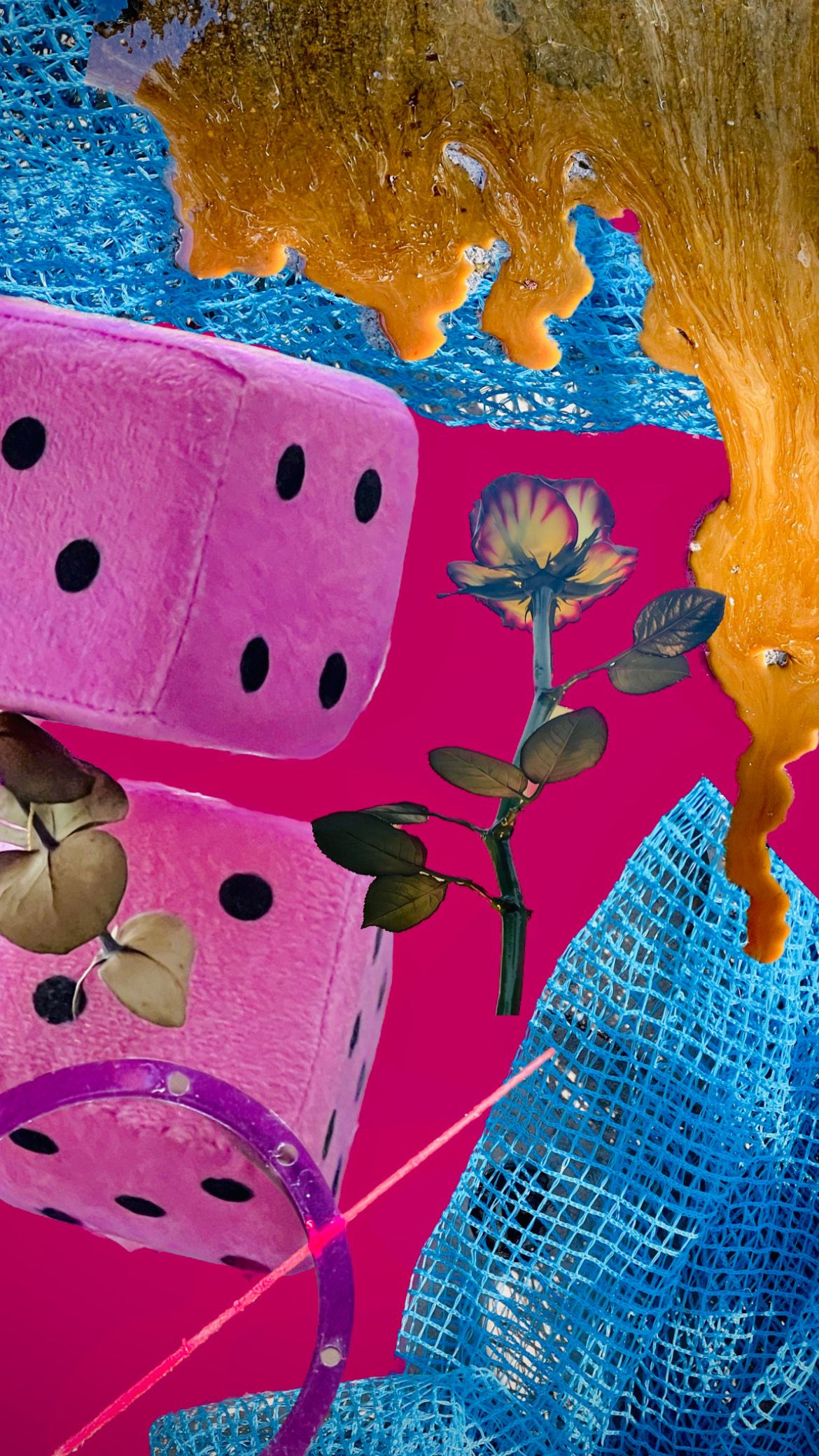 Digital collage: pink fuzzy dice, rose and blue mesh with dripping gold.