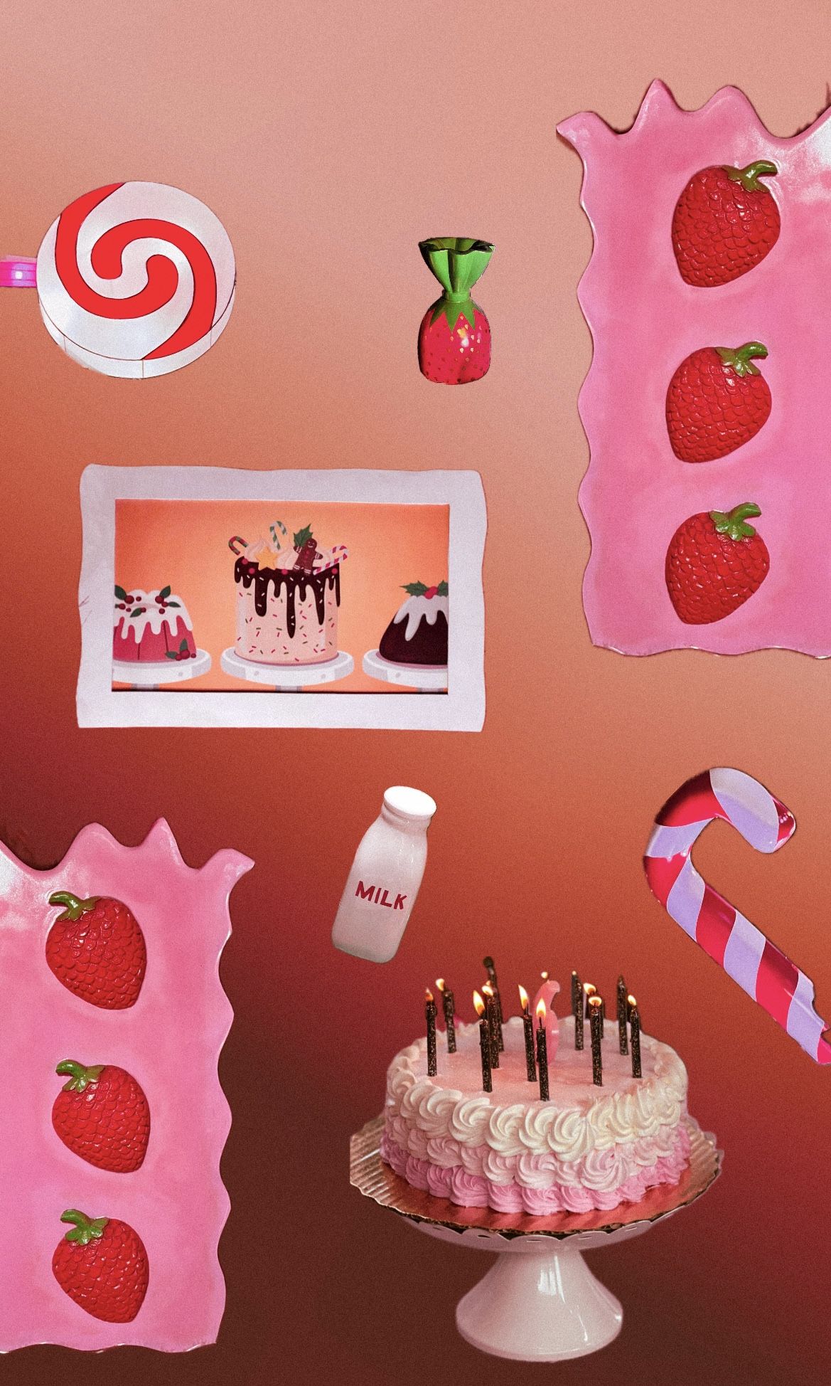 Digital collage: strawberries, birthday cake, candy and milk bottle on pink.