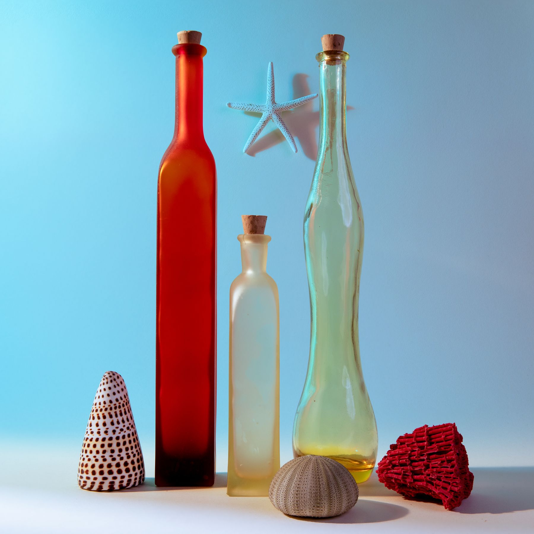 Red, amber and pale-green glass bottles with shells, red coral and a starfish against sky blue.